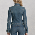 Classic Western Stand Collar Zip Up Fitted Cropped Medium Wash Denim Jacket