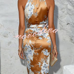 Grinnell Satin Contrast Floral Print Ruched High Neck Sleeveless Midi Dress