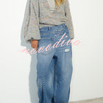 Street Style Denim Asymmetrical Pocket Design Mid Rise Distressed Wide Leg Jeans
