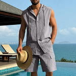 KZZ Loose-Fit, Breathable Linen Summer Set: Hooded Sleeveless Shirt & Cargo Shorts