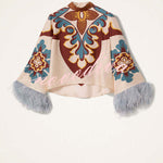 Bohemian Dreams Unique Print High Neck Feather Trim Bell Sleeve Top
