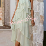 Solid Color Chiffon Halter Neck Elegant Ruffle Maxi Dress