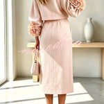 Linen Blend Flowers Buttons Floral Cuffs Sleeve Top and Elastic Waist Pocket Midi Skirt Set