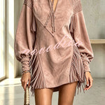 Suede Embroidered Print Tassel Stand Neck Long Sleeve Pocket Mini Dress