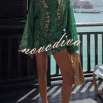 Sulena Linen Blend Ethnic Print Button Up Long Bell Sleeve Warp Tie-up Mini Dress