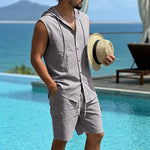 KZZ Loose-Fit, Breathable Linen Summer Set: Hooded Sleeveless Shirt & Cargo Shorts