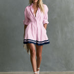 Retro-style Color-blocked Trim Blue Striped Long-sleeved Collared Cotton Mini Dress