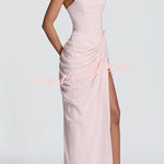 Cyra Back Lace-up Asymmetrical Pleats Strapless Slit Maxi Dress