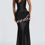 Emina Satin One Shoulder Asymmetrical Neck Cutout Back Lace-up Drape Maxi Dress