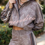Rylee Colorblock Striped Star Print Zipper High Neck Pocket Sporty Jacket