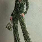Retro Elegant Green Leopard Print Hooded Velvet Jumpsuit