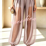 Semi-sheer Mesh Solid Color Mid Rise Patchwork Loose Lantern Pants
