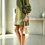 Rima Linen Blend Flowers Button Down Floral Cuffs Half Sleeve Mini Dress