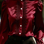 Solid Color Satin Lace Patchwork Casual Long-sleeved Shirt