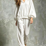 Loose V-Neck Lantern Sleeve Casual Chic Trouser Set