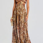 Bohemian Flair Chiffon Golden Paisley Print Cutout Halter Maxi Dress