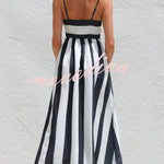 Color-blocked Striped Print Square Neck Suspender Casual Pocket Maxi Dress