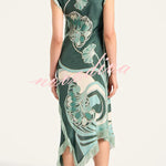 Bohemian Style Floral Print Tassel Trim Irregular Hem Slit Scarf Midi Dress
