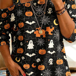Cozy Fall Vibes Black Cat Print Off-Shoulder Halloween Top