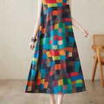 Loose Sleeveless Contrast Color Multi-Colored Plaid Round-Neck Midi Dresses