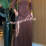 Kyra Shoulder Pads Long Sleeve Twist Design Tassel Hem Stretch Maxi Dress