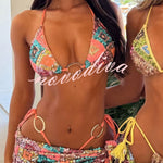 Stylish Sequined Metal Decoration Halter Neck Tie Stretch Bikini Swimsuit and Beach Cover-up Mini Skirt Three-piece Set