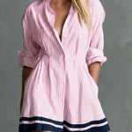 Retro-style Color-blocked Trim Blue Striped Long-sleeved Collared Cotton Mini Dress