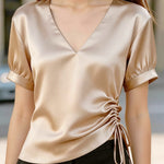 Solid Color Satin V-neck Short-sleeved Side Waist Ruching Casual Top