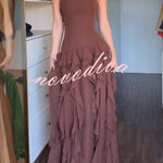 Elegant Sleeveless Off-shoulder Fitted Ruffled High Slit Maxi Dress