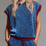 Leopard Print Hooded Sleeveless Top And Velvet Trousers Set