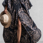 Elegant And Flowing Retro Print V-neck Dark Blue Chiffon Slit Maxi Dress