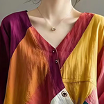 Colorblock Patchwork Linen Loose Blouses Asymmetrical Summer