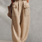 Casual Breathable Urban Style Beige Knitted Top And Cotton Pants Set
