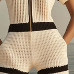 【24-hour shipping out】Breathable Fashion Front Zipper Short Sleeve Knit Shorts Jumpsuit