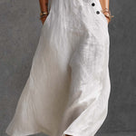 Stylish Simple Loose-fitting Sleeveless V-neck Diagonally Buttoned Cotton White Maxi Dress