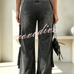 Chic Style Denim Decorative Button-stud Detail High Rise Pocket Loose Jeans