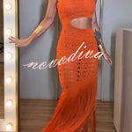 Refresh Style Knit Hollow Out One Shoulder Cutout Waist Tassel Hem Maxi Dress