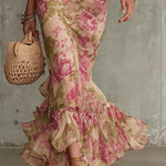 Unique Print Stand Collar Puff Sleeve Slim Fit Ruffle Maxi Dress
