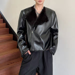 Faux Fur Collarless Leather Jacket