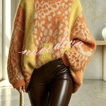 Retro-chic Knit Leopard Print Patchwork High Neck Long Sleeve Loose Sweater