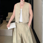 Casual Short Cardigan Vest Wide Leg Trousers Workwear Two-piece Set