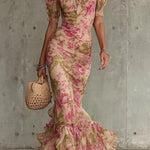 Unique Print Stand Collar Puff Sleeve Slim Fit Ruffle Maxi Dress