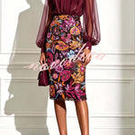 Analie Chiffon High Neck Lantern Sleeve Floral Sequined Hem Sheath Midi Dress