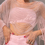 Sparkling Rhinestone Embellished Drape Tassel Batwing Sleeve Loose Crop Cover-up