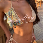 Gradient Floral Embellishment Tie-up Two-piece Stretch Bikini Swimsuit and Holiday Sheer Mini Skirt Set