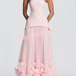 Serafina Strapless Back Lace-up Handcrafted Floral Appliqués Pleated Hem Gown Maxi Dress