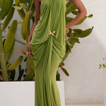 Touch of Drama Mesh Butterfly Metal Clips One Shoulder Backless Maxi Dress