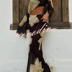 Floral Print Off-shoulder Long-sleeved Loose Top and Elegant Drawstring Maxi Skirt Set