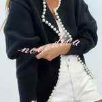 Elegant Chic Knit Pearls Trim Long Sleeve Relaxed Cardigan