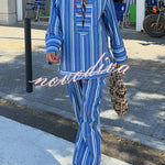 Althea Striped Print Lace-up Neck Long Sleeve Top and Elastic Waist Pocket Lantern Pants Set